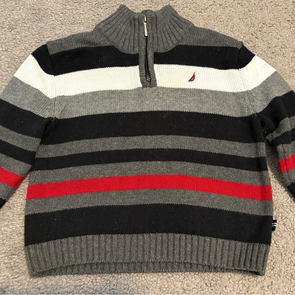 Nautica Black and Gray Zip Up Sweater with Stripes